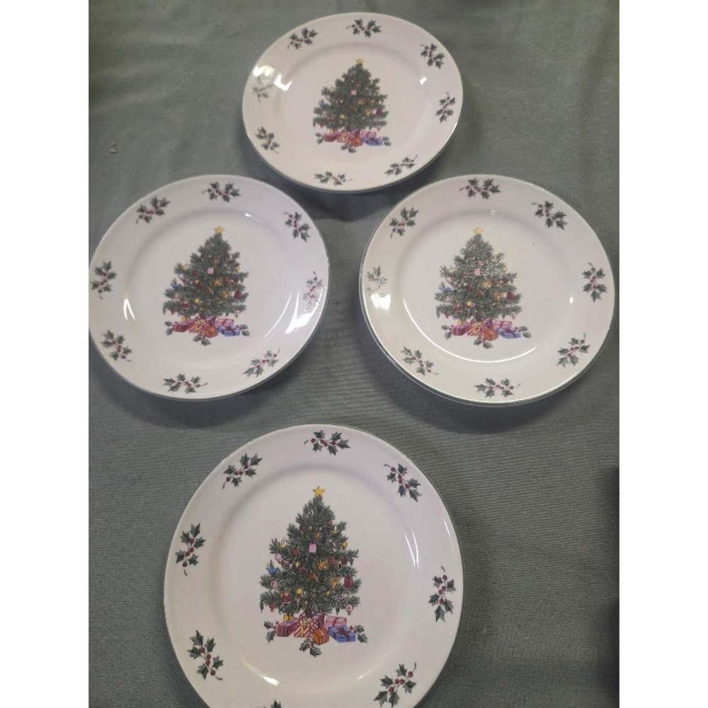 Gibson Joyous Holiday Christmas Tree Salad Plates Set of 4 China 7.5"